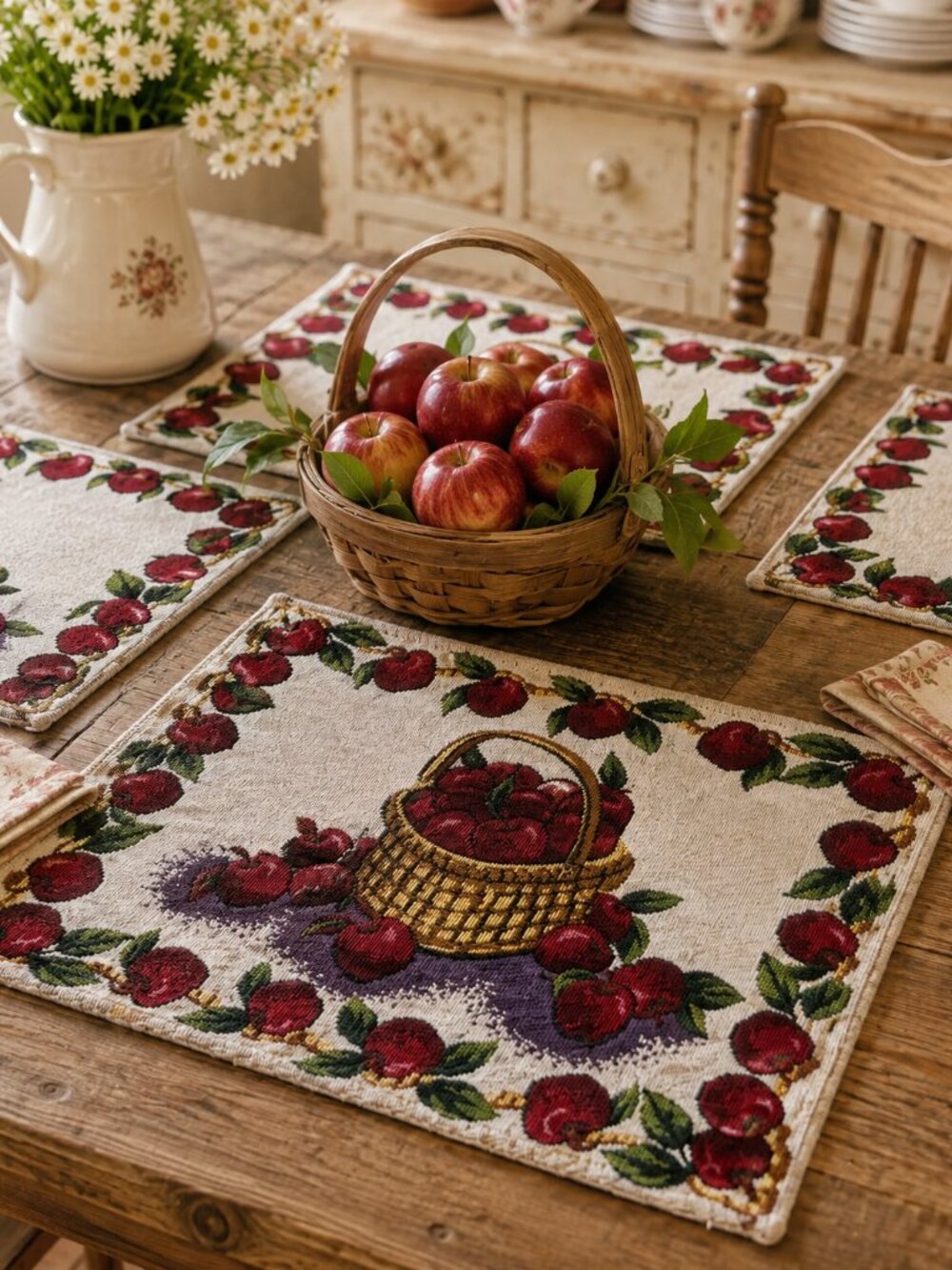 Apple Basket Linen Placemat Set - Red and Green 17 x 12.5 inches
